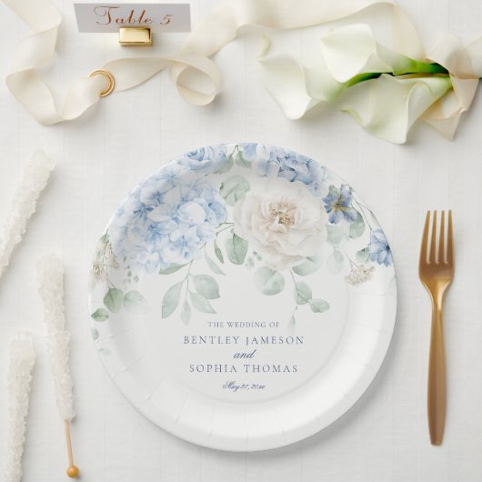 Blauw Bloemstuk Hydrangea Bruiloft Papieren Bordje (Huwelijk)