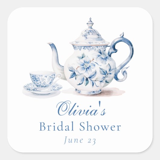 Blauw Bloemstuk Thee Bruiloft Bridal Shower Vierkante Sticker (Voorkant)