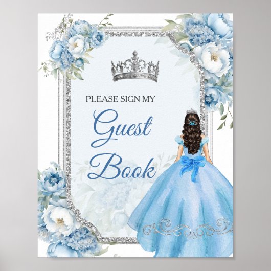 Blauw Bloemstuk Zilveren Kroon Quinceañera Gastboe Poster (Voorkant)