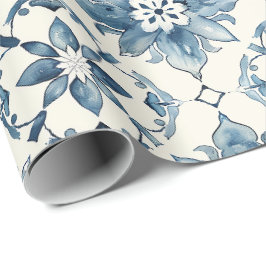 Blauw Bloemtegelspatroon Cadeaupapier