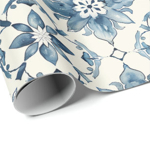 Blauw Bloemtegelspatroon Cadeaupapier