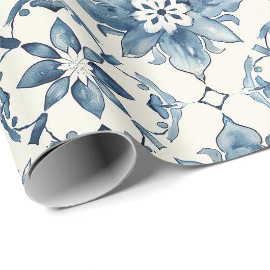 Blauw Bloemtegelspatroon Cadeaupapier (Rol Hoek)