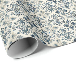 Blauw bloemtegeltjes inpakpapier in vintage stijl,