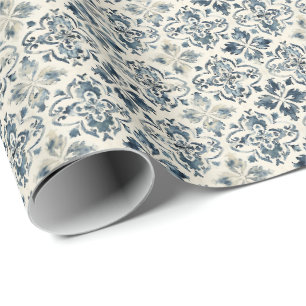 Blauw bloemtegeltjes inpakpapier in vintage stijl,
