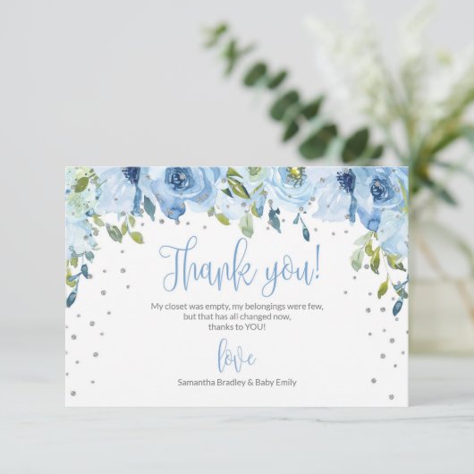 Blauw bloemzilver glitter baby shower dank u bedankkaart (Staand voorkant)