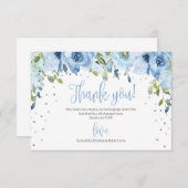 Blauw bloemzilver glitter baby shower dank u bedankkaart (Voorkant / Achterkant)