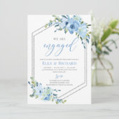 Blauw bloemzilver glitter geometrisch verloving kaart (Staand voorkant)