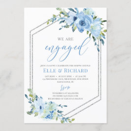 Blauw bloemzilver glitter geometrisch verloving kaart