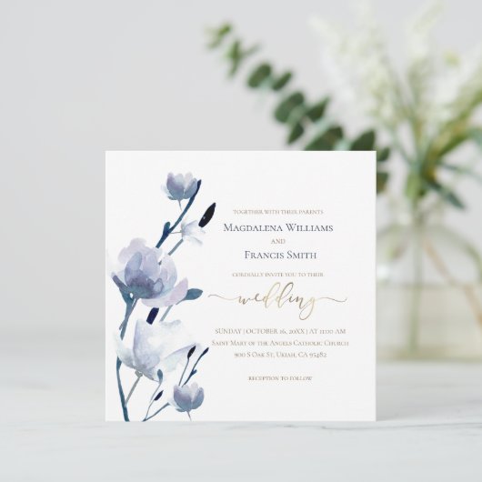 blauw bloesem | bruiloft kaart (Staand voorkant)