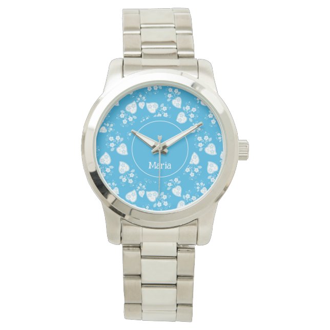 Blauw bloesem hart met bloemen patroon horloge (Voorkant)