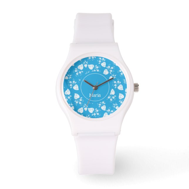 Blauw bloesem hart met bloemen patroon horloge (Voorkant)