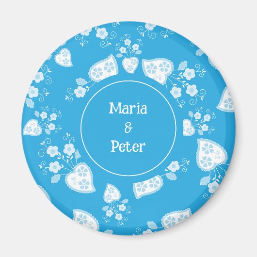 Blauw bloesem hart met bloemen patroon magneet (Voorkant)