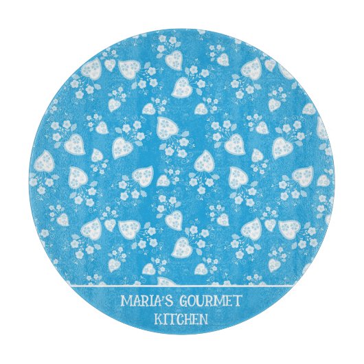 Blauw bloesem hart met bloemen patroon snijplank (Voorkant)