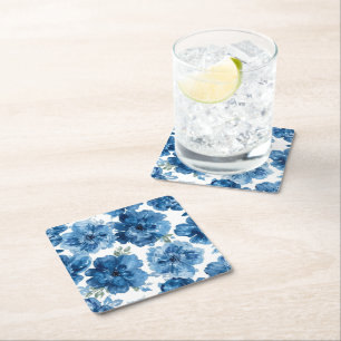 Blauw Bloesem Waterverf Bloem Botanische Witte Kartonnen Onderzetters