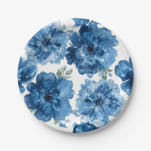 Blauw Bloesem Waterverf Bloem Botanische Witte Papieren Bordje