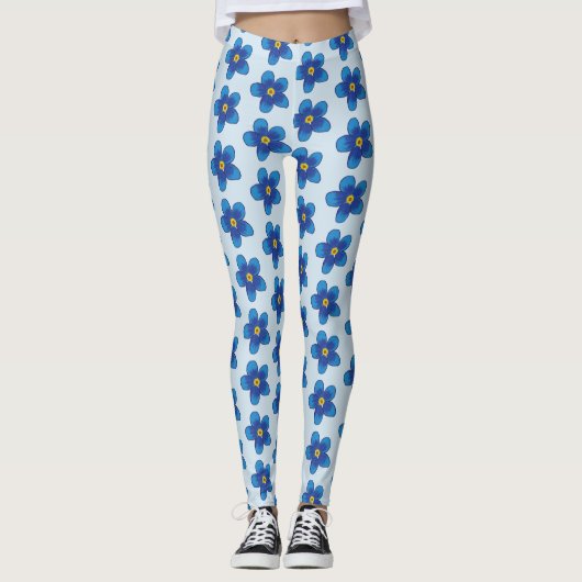 Blauw bloespatroon Aangepaste Leggings (Voorkant)