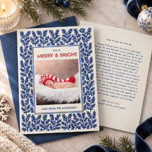 Blauw blokdruk volkskunst baby's eerste kerst feestdagenkaart