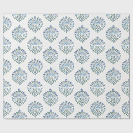 Blauw blokdrukmedaillon op ivoor cadeaupapier
