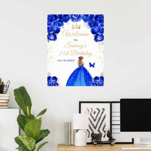 Blauw Blond Haar Prinses Verjaardag Welkom Poster (Thuiskantoor)