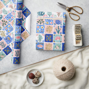 Blauw Blozen Bloemige Oceaan Strand Koraal Cadeaupapier