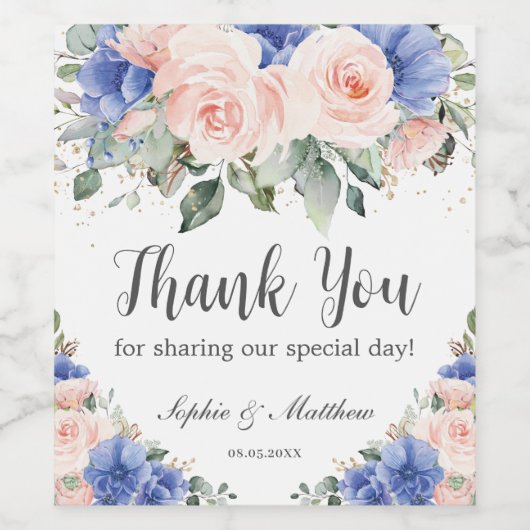 Blauw blozend bloem bruidsfeest bedankje wijn etiket (Enkel label)