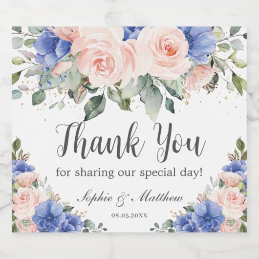 Blauw blozend bloem bruiloft bruids bedankje sparkling wijnetiket (Enkel label)