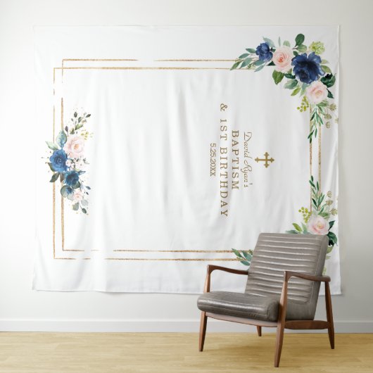 Blauw blozend bloemen foto booth verjaardag doop wandkleed (In Situ (horizontaal))