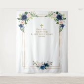 Blauw blozend bloemen foto booth verjaardag doop wandkleed (Voorkant)