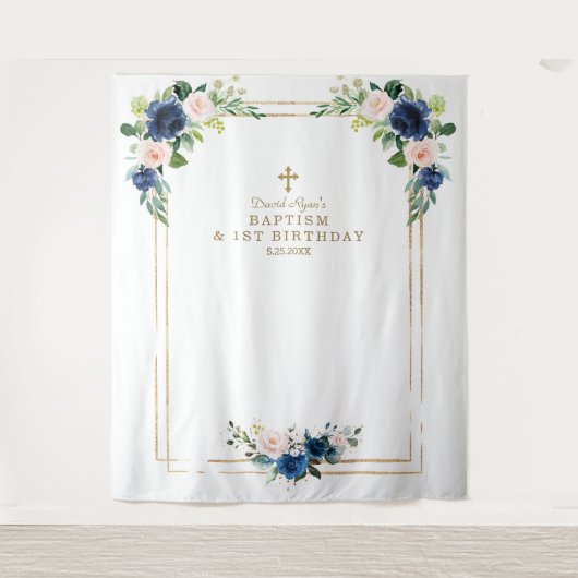 Blauw blozend bloemen foto booth verjaardag doop wandkleed (Voorkant)