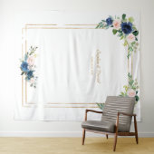 Blauw Blozende Bloemen Bruiloft Foto Booth Wandkleed (In Situ (horizontaal))