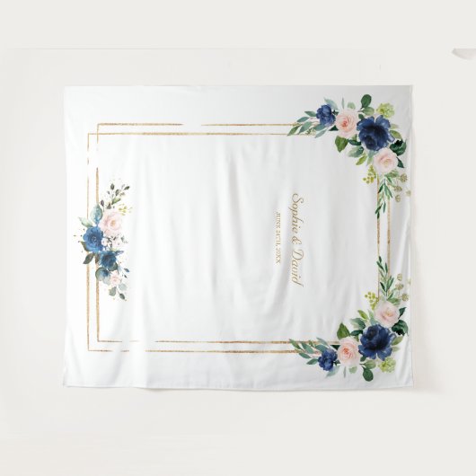 Blauw Blozende Bloemen Bruiloft Foto Booth Wandkleed (Voorkant (horizontaal))