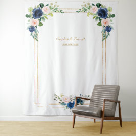 Blauw Blozende Bloemen Bruiloft Foto Booth Wandkleed