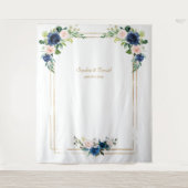 Blauw Blozende Bloemen Bruiloft Foto Booth Wandkleed (Voorkant)