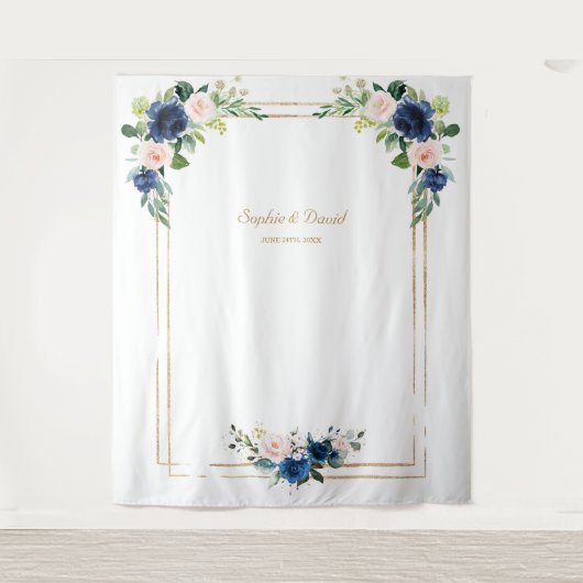 Blauw Blozende Bloemen Bruiloft Foto Booth Wandkleed (Voorkant)