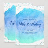 Blauw blozende waterverfstreek goud glitters  kaart (Voorkant / Achterkant)