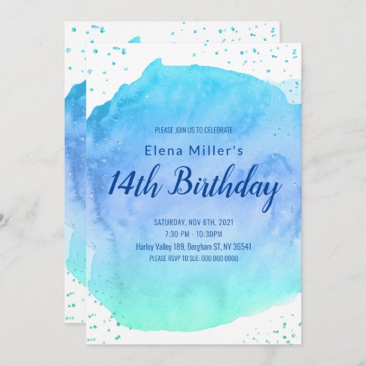 Blauw blozende waterverfstreep gouden glitter kaart (Voorkant / Achterkant)