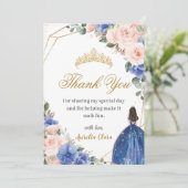 Blauw Blush Bloemen Prinses Tiara Quinceañera 15e Bedankkaart (Staand voorkant)