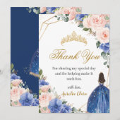 Blauw Blush Bloemen Prinses Tiara Quinceañera 15e Bedankkaart (Voorkant / Achterkant)