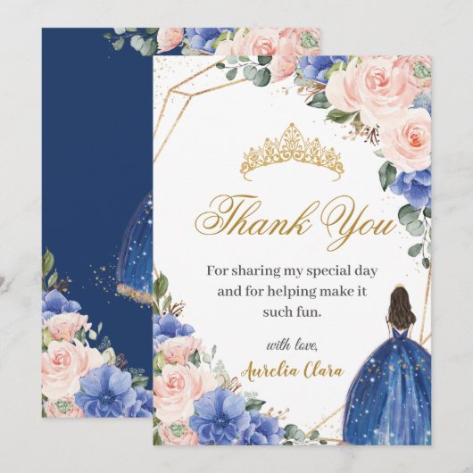 Blauw Blush Bloemen Prinses Tiara Quinceañera 15e Bedankkaart (Voorkant / Achterkant)