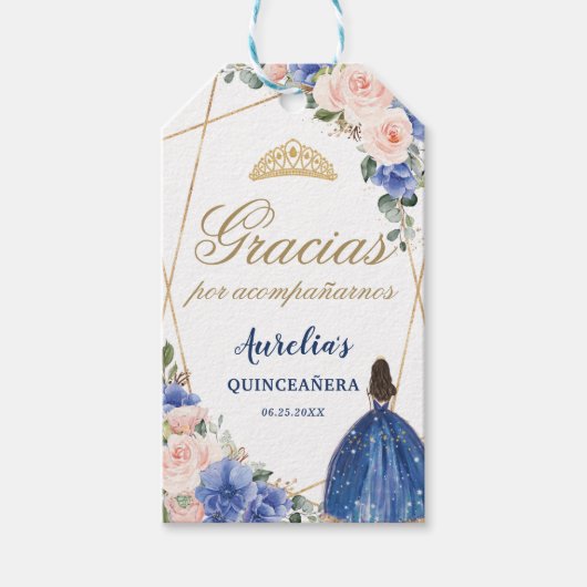 Blauw Blush Bloemen Quinceanera Favor Dank u Cadeaulabel (Voorkant)