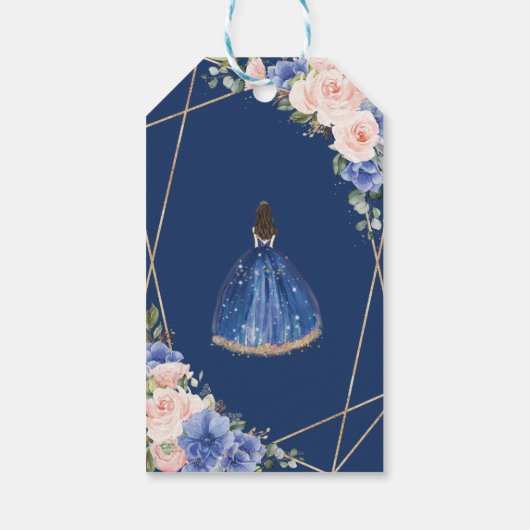 Blauw Blush Bloemen Quinceanera Favor Dank u Cadeaulabel (Achterkant)