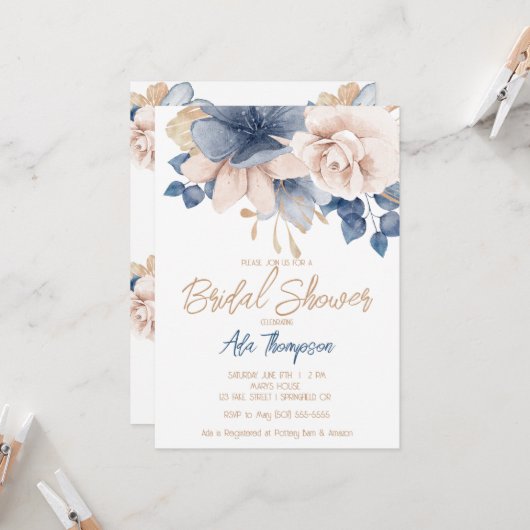 Blauw, Blush en Roos Gold Bridal Shower Kaart (Voorkant / Achterkant in situ)