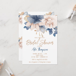 Blauw, Blush en Roos Gold Bridal Shower Kaart