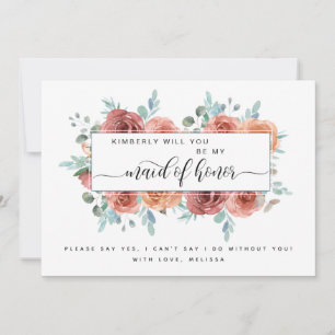 Blauw, Blush Peach Floral Be My Maid of Honor Kaar Notitiekaartje