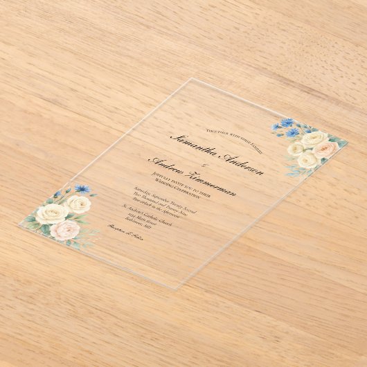 Blauw Blush Roze Crème Floral Elegante bruiloft Acryl Uitnodigingen (Laagn)