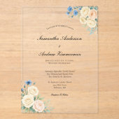 Blauw Blush Roze Crème Floral Elegante bruiloft Acryl Uitnodigingen (Voorkant)