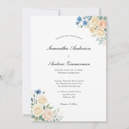 Blauw Blush Roze Crème Floral Elegante bruiloft Kaart (Voorkant)