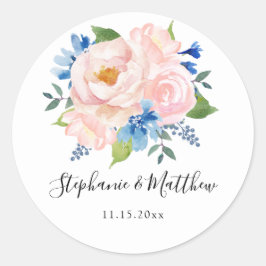 Blauw Blush Roze Waterverf Bloemen Bruiloft Ronde Sticker