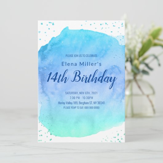 Blauw blush waterverf beroerte gouden glitter kaart (Staand voorkant)