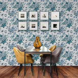 Blauw boeket van bloemen en loof patroon behang